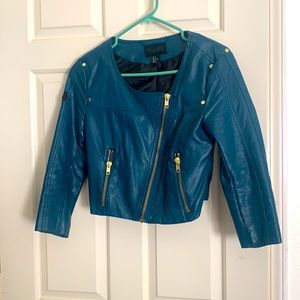 Bold Blue Cropped Leather Jacket with Gold Zippers- Good condition